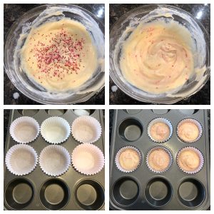 Add sprinklers to cupcake batter and put it in cupcake liner