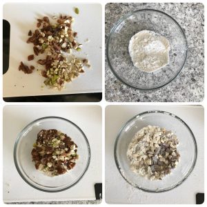 chop dried fruits and toss it in flour for fruit cake