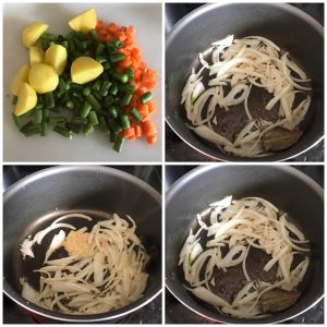 chop vegetables, saute onion for green vegetable biryani