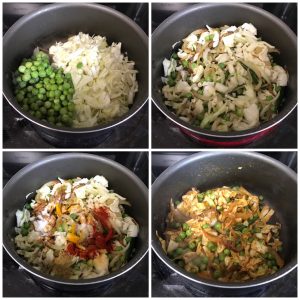 add cabbage, peas and dry masala and mix well for cabbage biryani