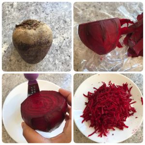 wash, peel and grate beetroot