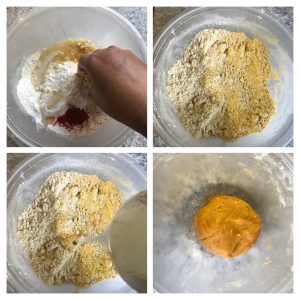add water gradually to make a soft dough