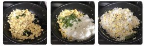 Toss cooked rice in scrambled eggs