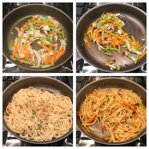 Toss cooked pasta in veggies