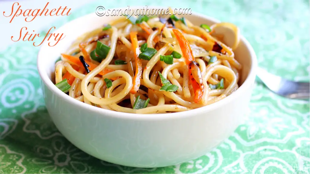 Spaghetti stir fry, Stir fried spaghetti recipe - Sandhya's recipes