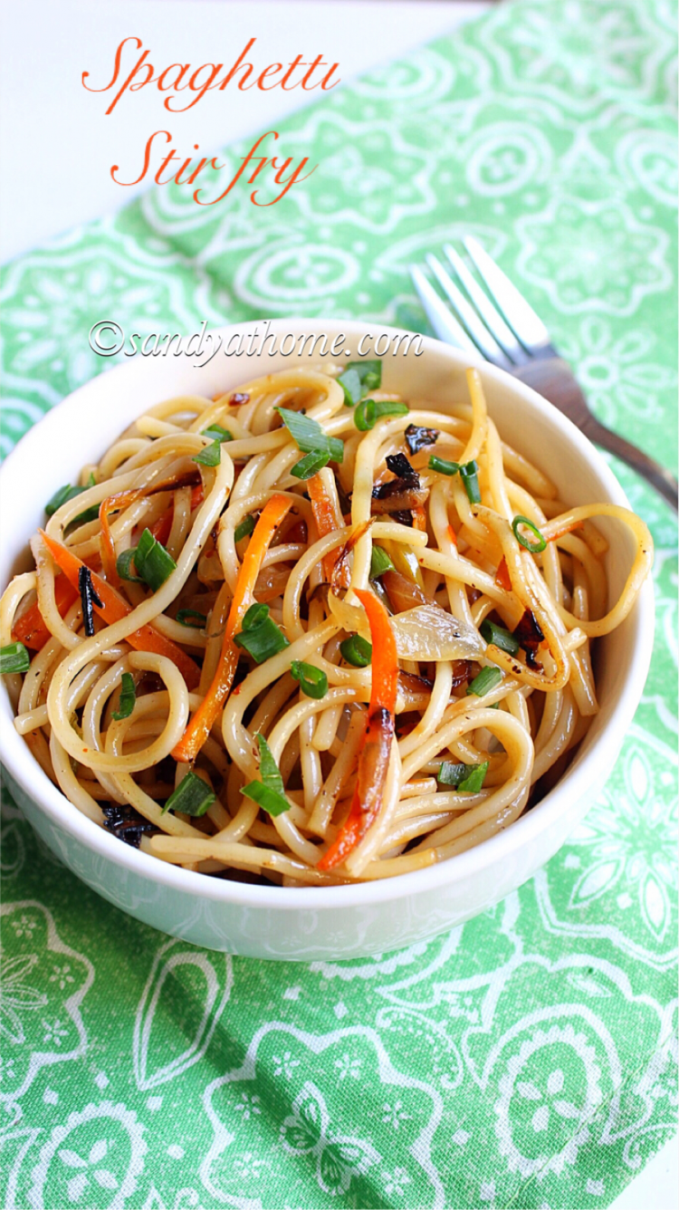 Spaghetti stir fry, Stir fried spaghetti recipe - Sandhya's recipes