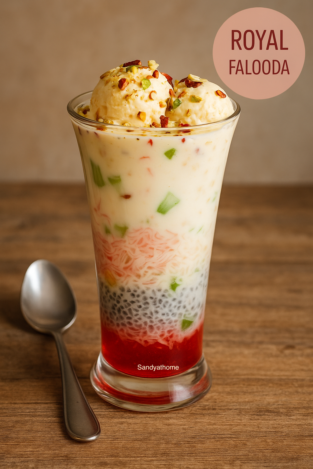A tall glass of Royal Falooda dessert layered with rose syrup, basil seeds, sev, sweetened milk, topped with vanilla ice cream, nuts, and tutti frutti.