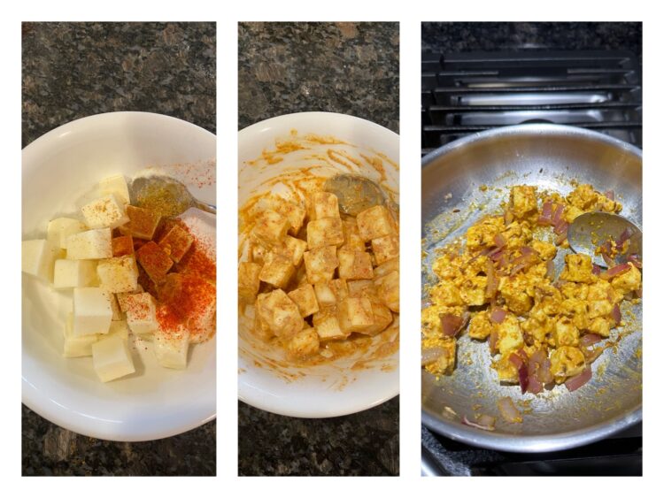 Paneer cubes marinated with curd and spices,