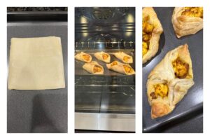 Paneer filling placed on puff pastry sheet, Pastry sheet folded into a puff shape, Unbaked puffs arranged on baking tray,