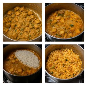Flat lay of ingredients for Arcot Nawabi Vegetable Biryani, showing jeeraga samba rice, whole spices, fresh herbs, yogurt, and native vegetables.