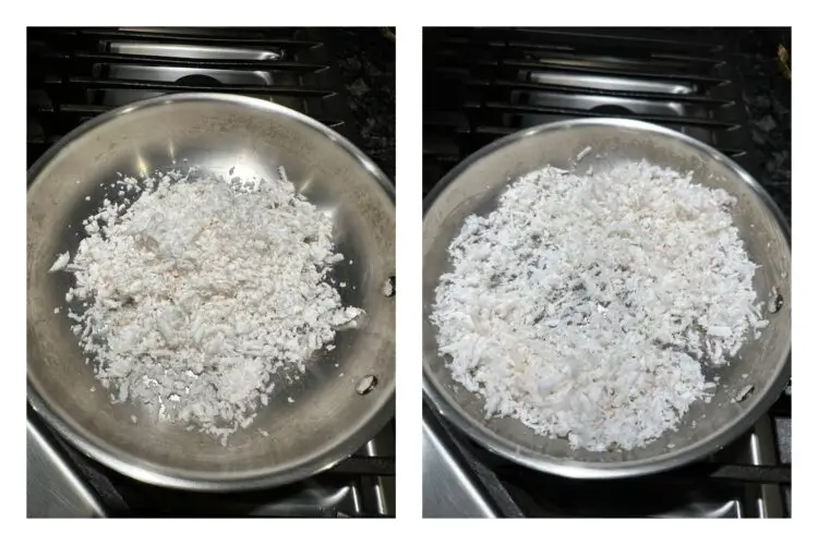 Grated coconut being roasted in a dry pan for biscuit preparation