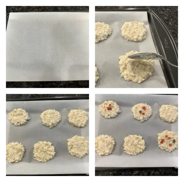 Raw biscuit dough scooped and shaped on baking tray ready to bake