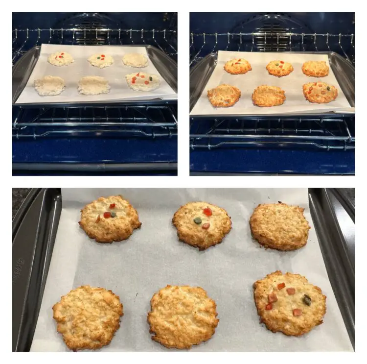 Golden coconut biscuits cooling on wire rack after baking
