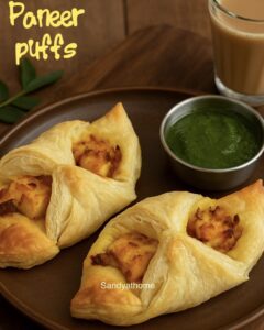 Golden paneer puffs served with green chutney and chai