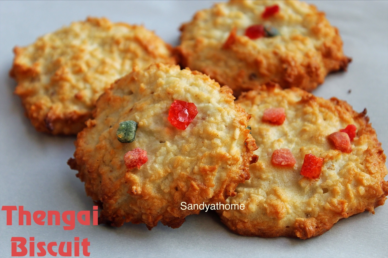 Homemade South Indian coconut biscuits with tutti frutti and cardamom