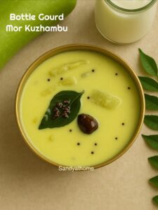 Sorakkai mor kuzhambu in a brass bowl with creamy coconut buttermilk gravy and curry leaf tempering