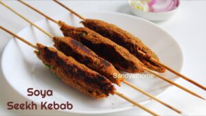 Easy vegetarian seekh kebabs made at home with soya and potato, styled for a festive starter