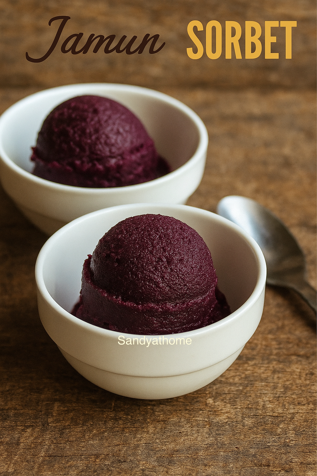 Scoop of jamun sorbet served in a rustic ceramic bowl on a neutral background
