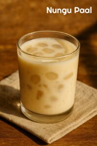 Homemade nungu paal recipe showing chopped ice apple in sweetened chilled milk