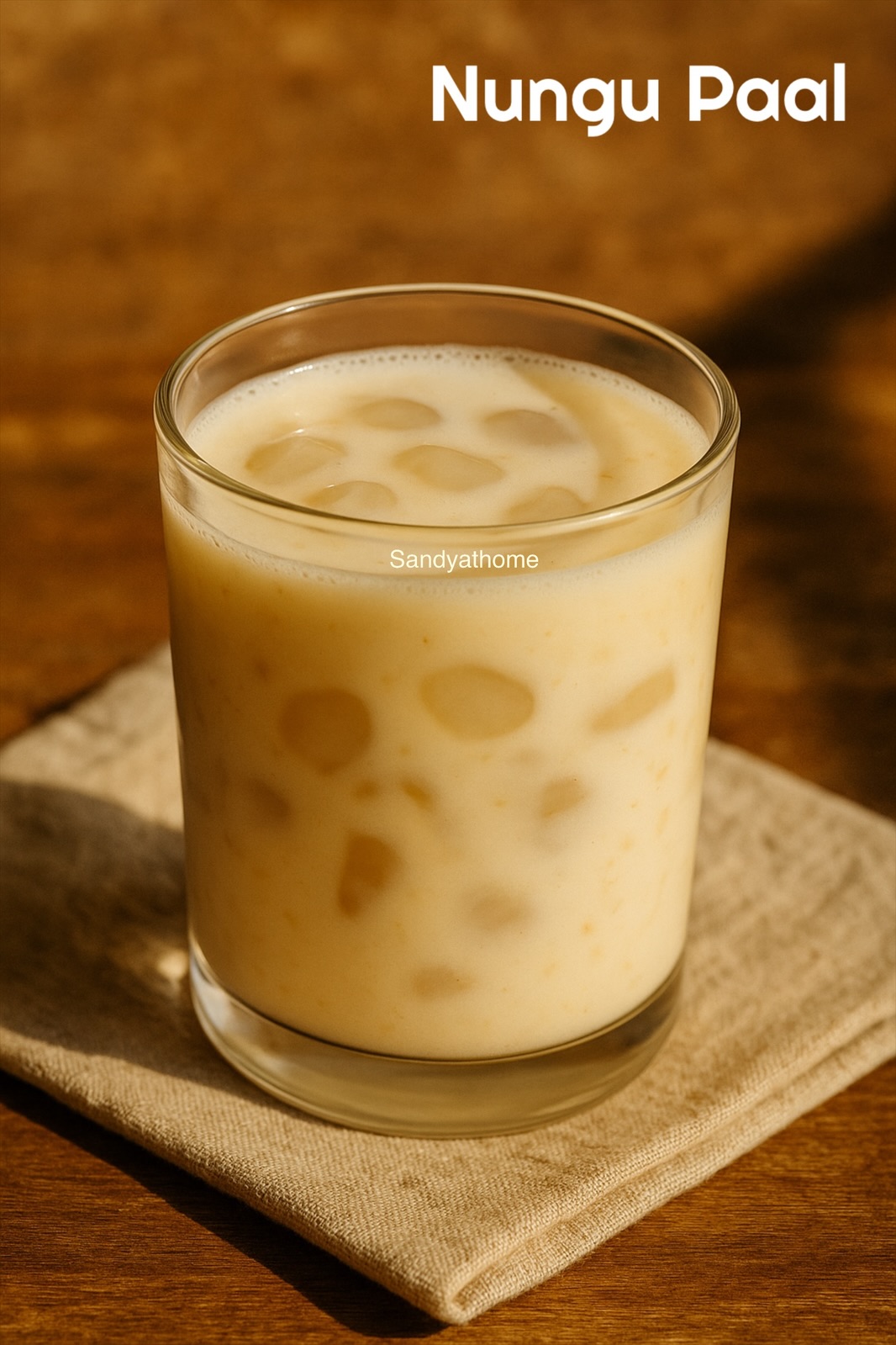 Homemade nungu paal recipe showing chopped ice apple in sweetened chilled milk