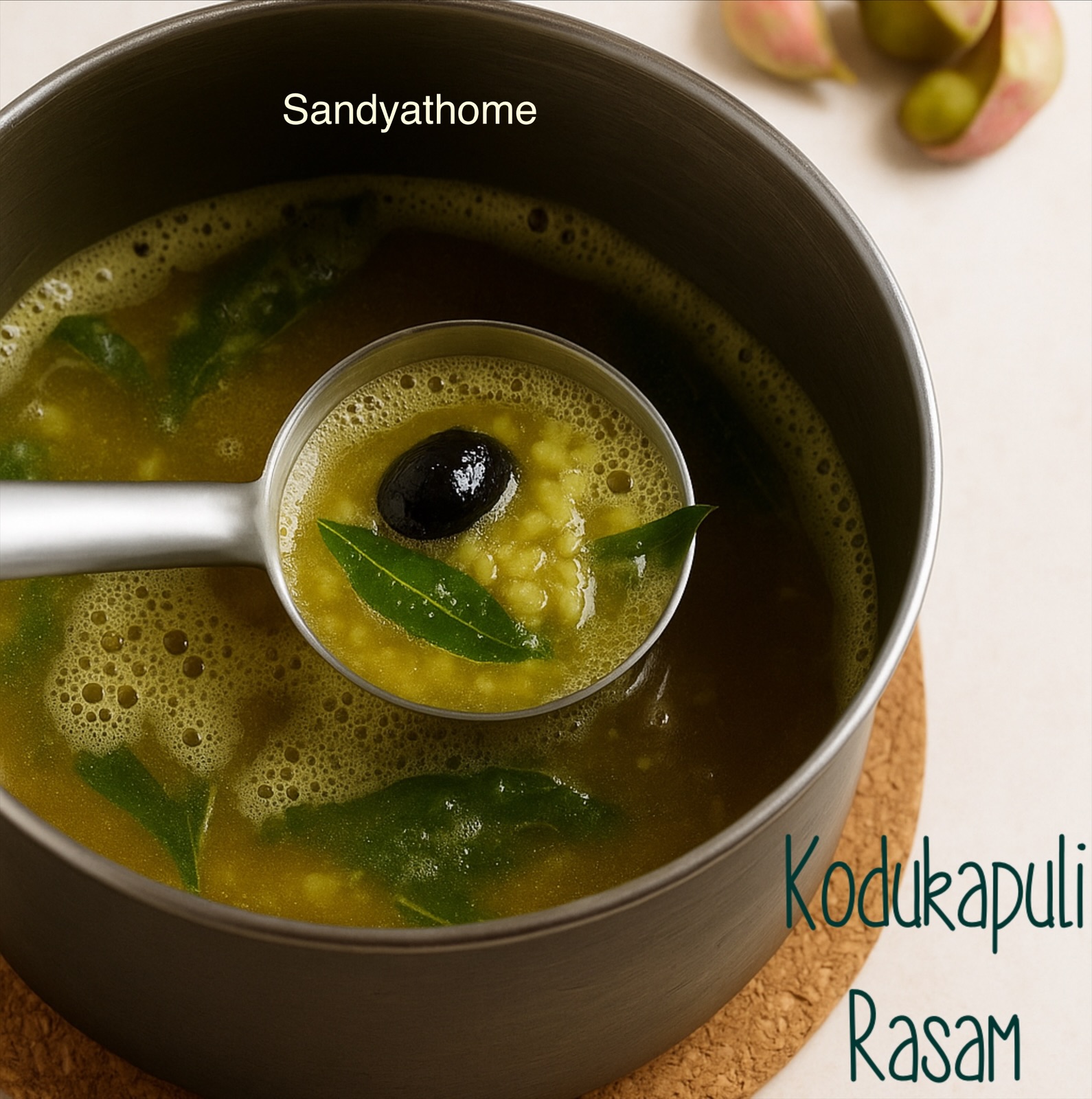A bowl of kodukkapuli rasam made with traditional wild pods, served hot with curry leaves and pepper — a revival recipe from Tamil Nadu.