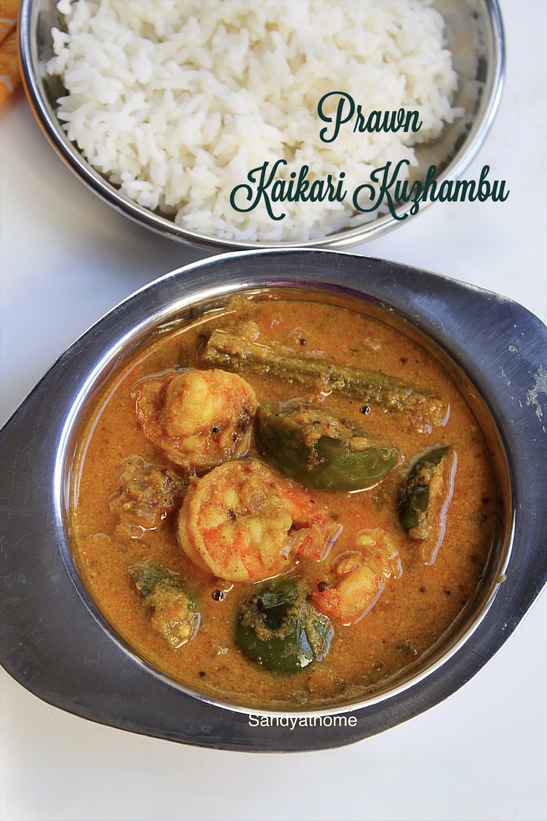 Traditional Tamil prawn kaikari kuzhambu made with brinjal, drumstick, and coconut curry base