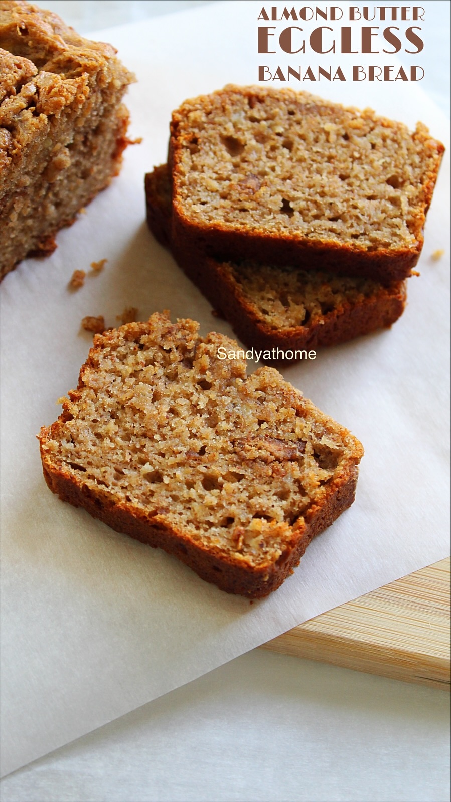 Mini eggless almond butter banana bread sliced to show soft, fluffy texture with whole wheat and almond flour