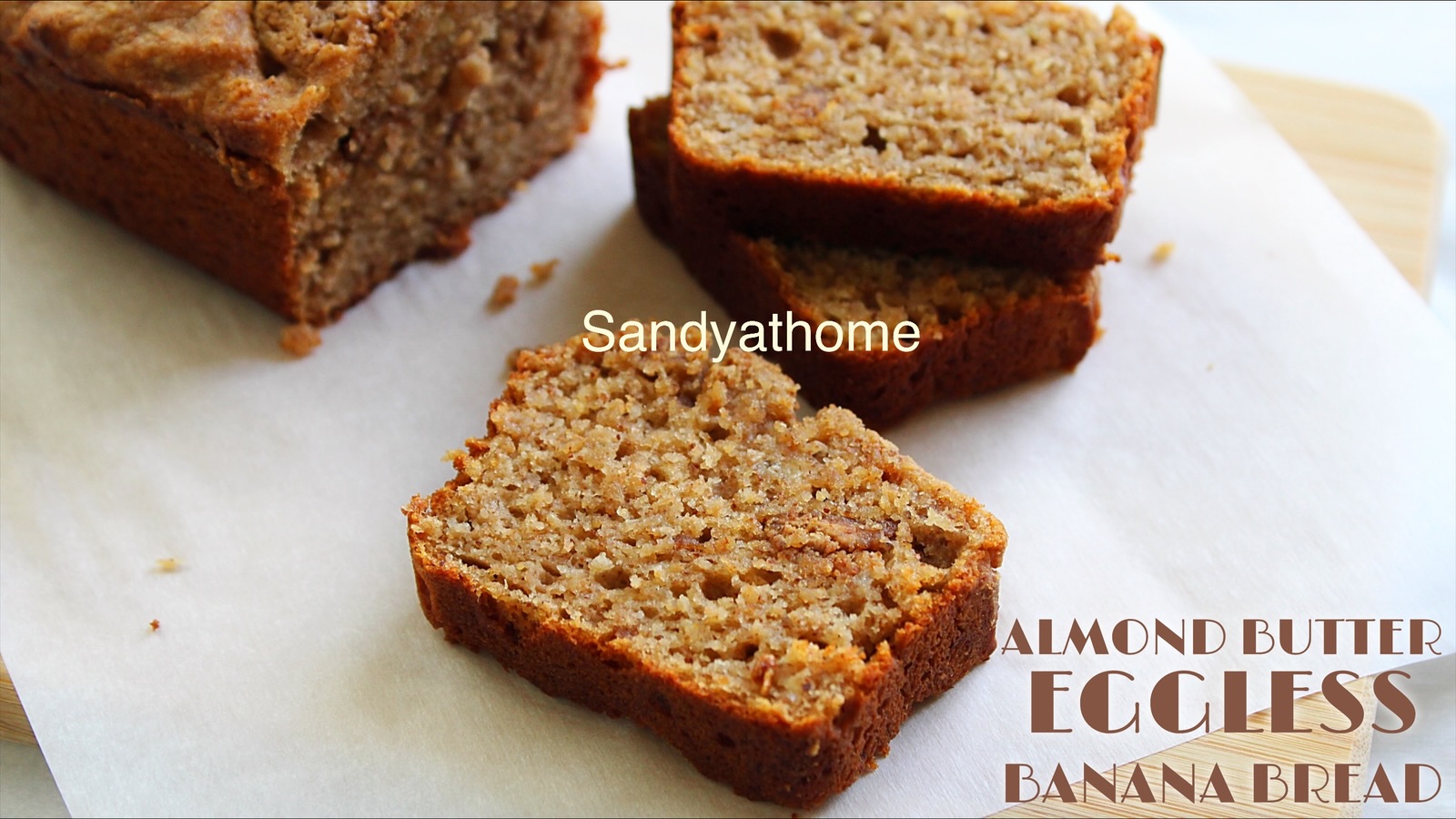 Soft and fluffy eggless almond banana bread made with ripe banana, almond butter, and wholesome flours