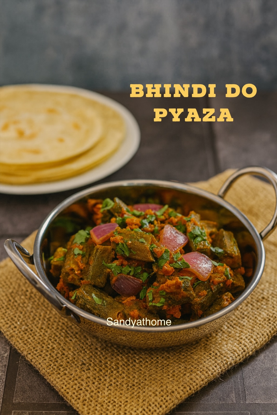 Close-up of Bhindi Do Pyaza, a North Indian okra curry with double onions and spices, served in a bowl with fresh coriander garnish.