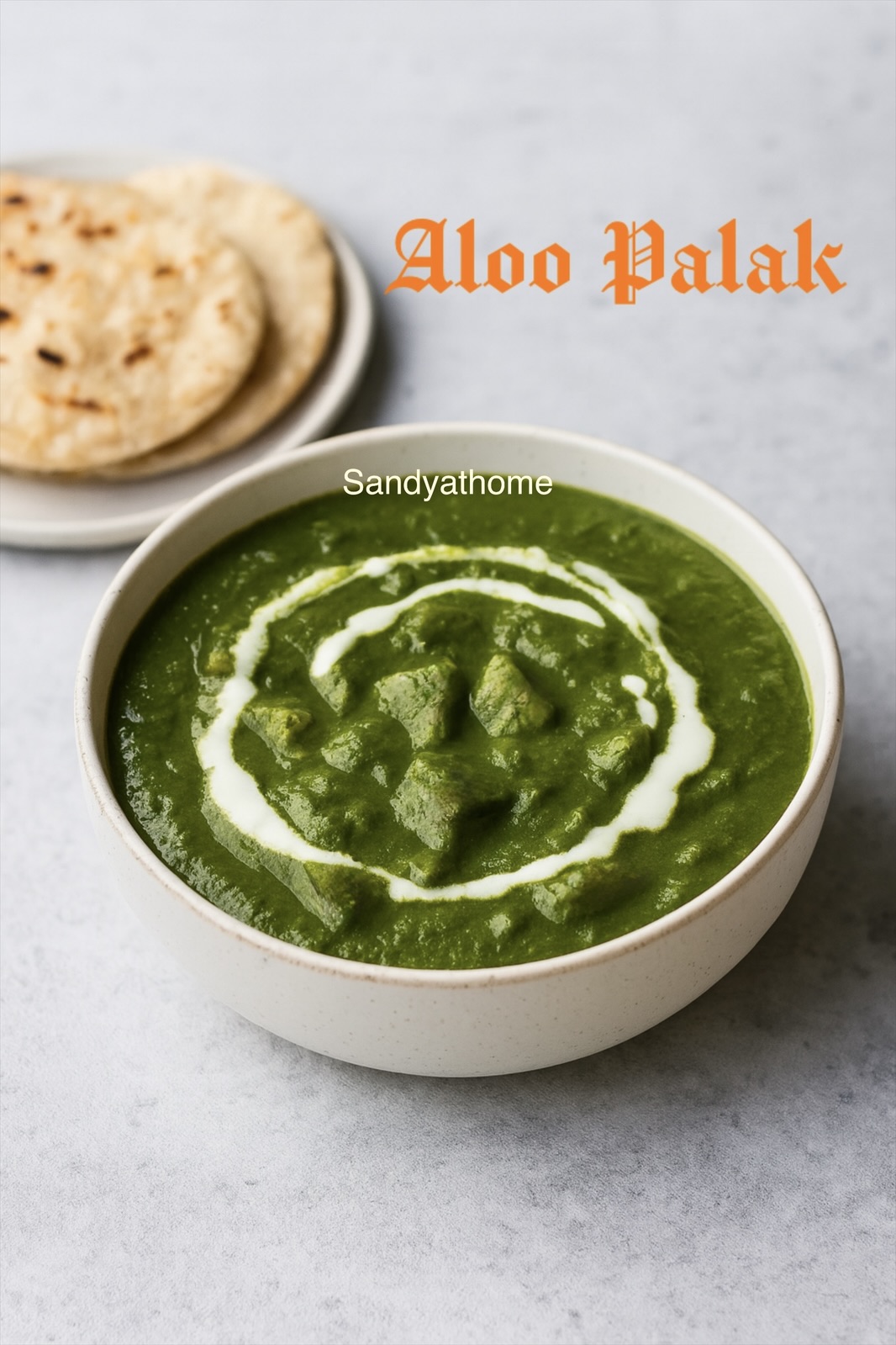 Close-up of aloo palak curry with tender potatoes in spinach gravy, garnished with fresh cream and chilies