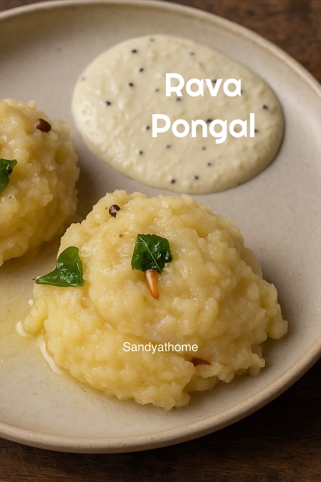 Close-up of creamy sooji pongal with cashews, pepper, and ghee tempering