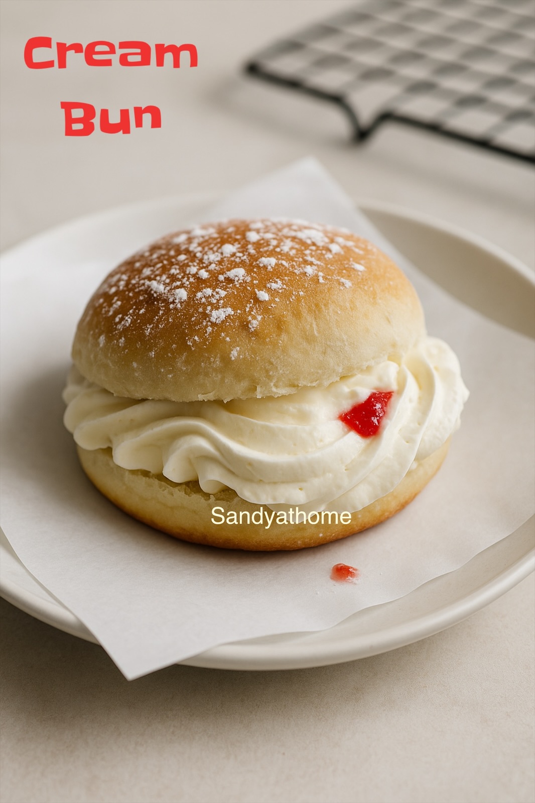 Soft and fluffy eggless Indian bakery-style cream bun filled with buttercream and topped with powdered sugar.