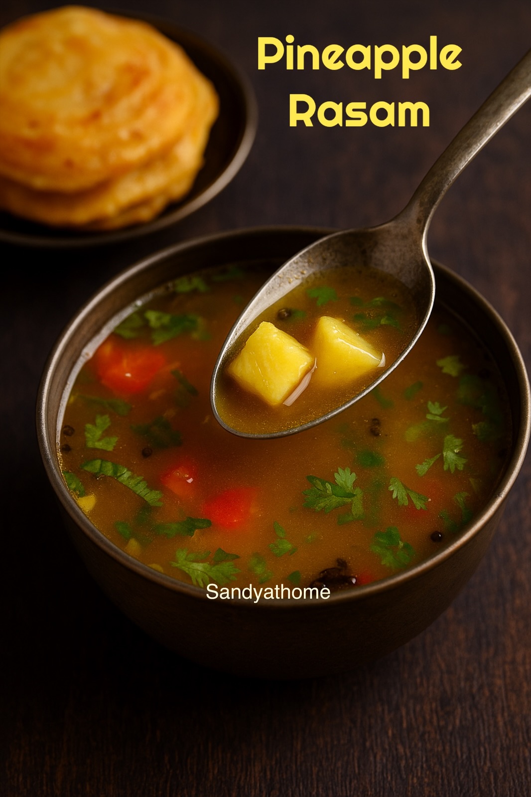 Tamil style fruit rasam made with pineapple, tamarind, and spices in a comforting broth