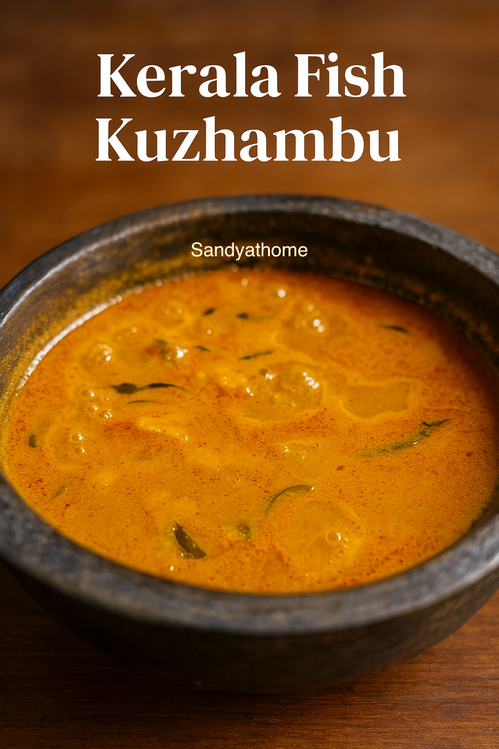 Kerala-style salmon coconut curry (kuzhambu) in a clay pot with curry leaves, turmeric gravy, and fresh ground coconut masala.