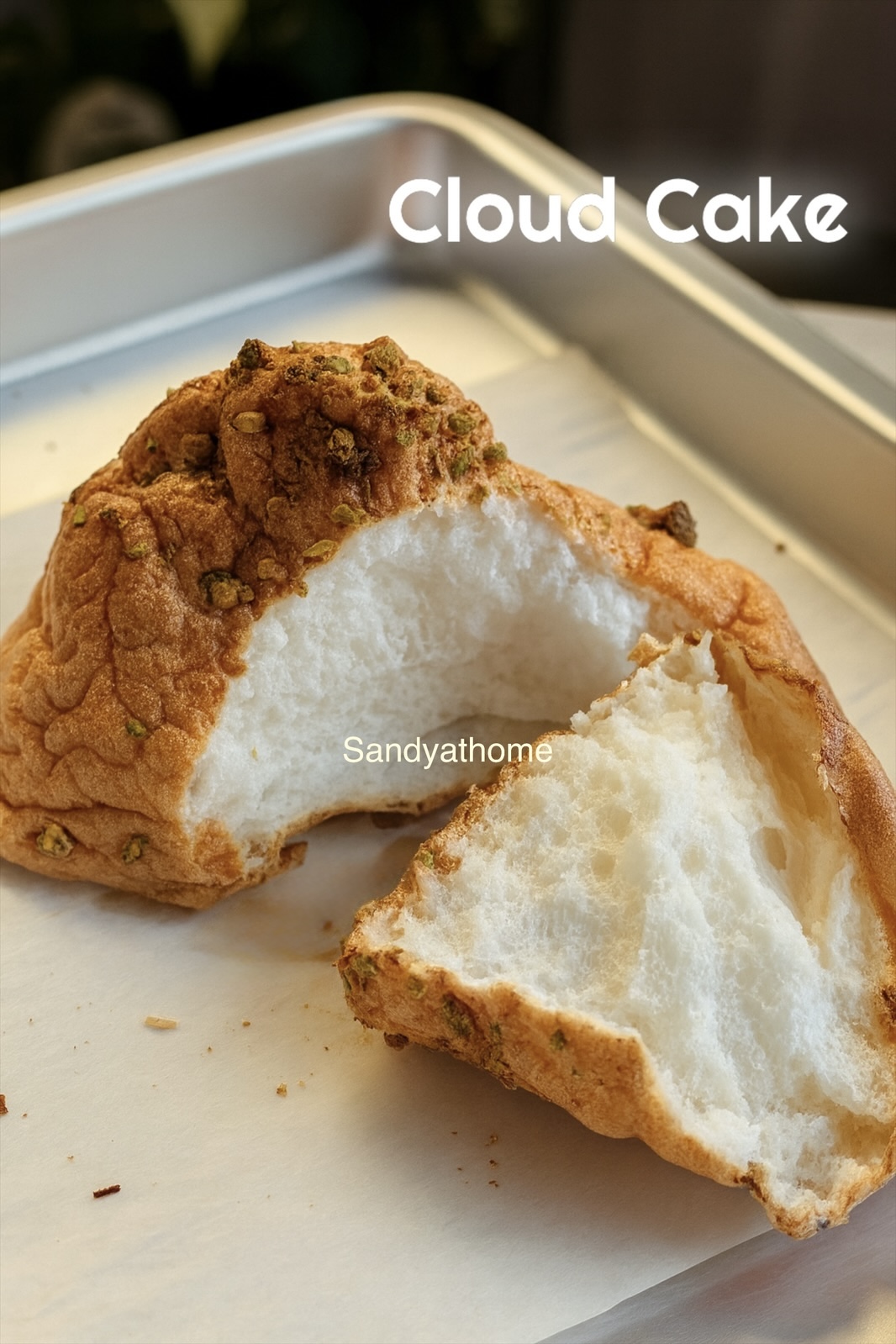 Fluffy flourless cloud cake topped with crushed pistachios, golden outside and airy inside, served on parchment.