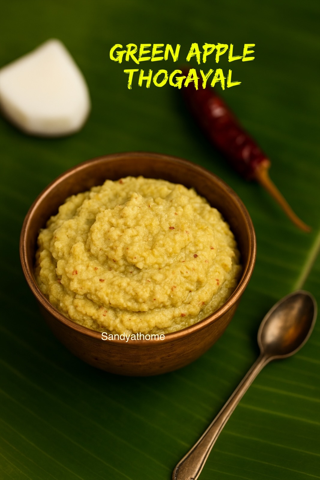 Traditional South Indian green apple thuvayal in rustic setup with dried chili, coconut, and silver spoon.