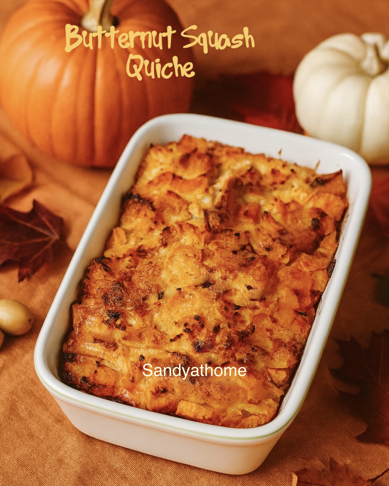 Golden butternut squash quiche with bread base, cheddar, and feta — a cozy autumn brunch recipe baked to perfection.