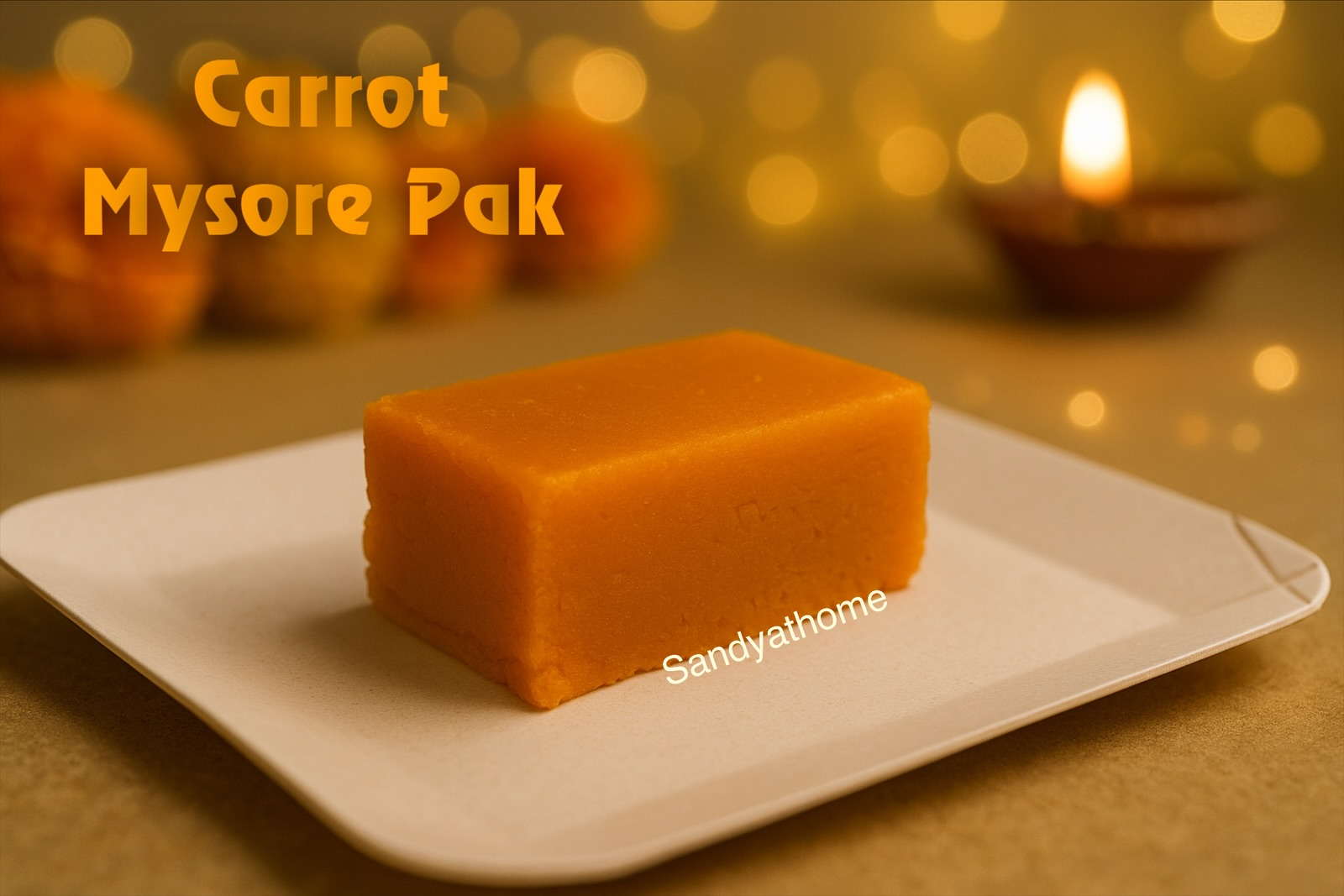 Soft and rich carrot mysore pak made with ghee and besan for Deepavali celebrations