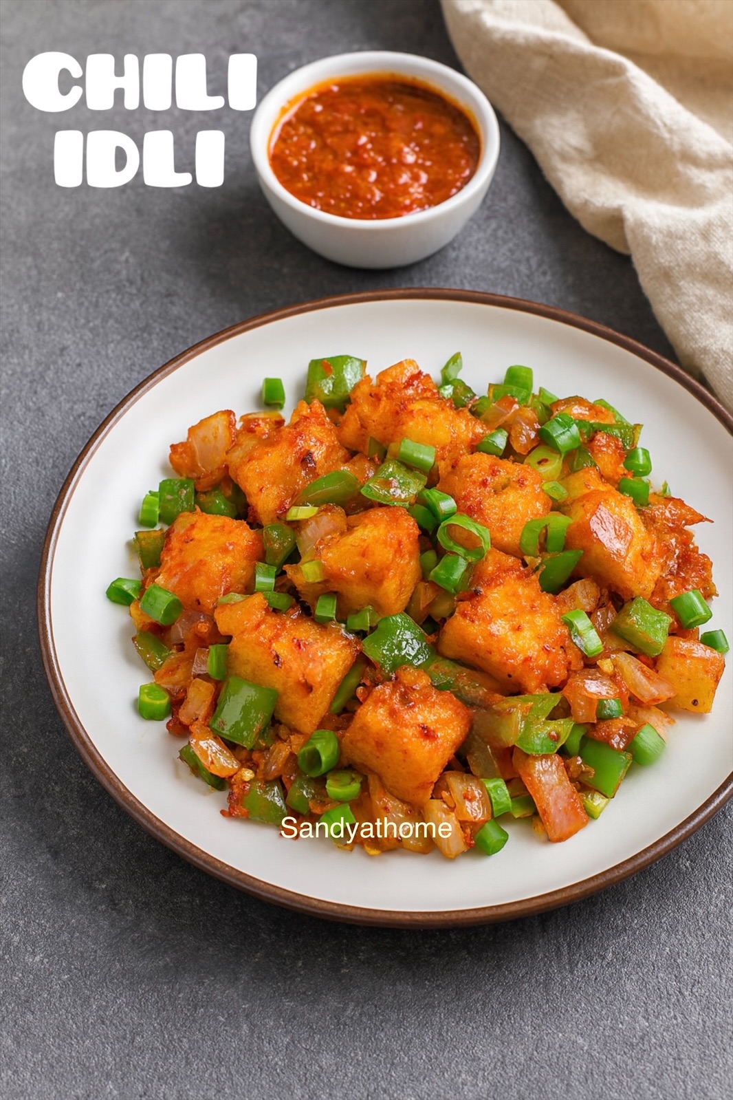 Golden crispy idli pieces stir-fried with harissa sauce, onions, and green capsicum in Indo-Chinese style