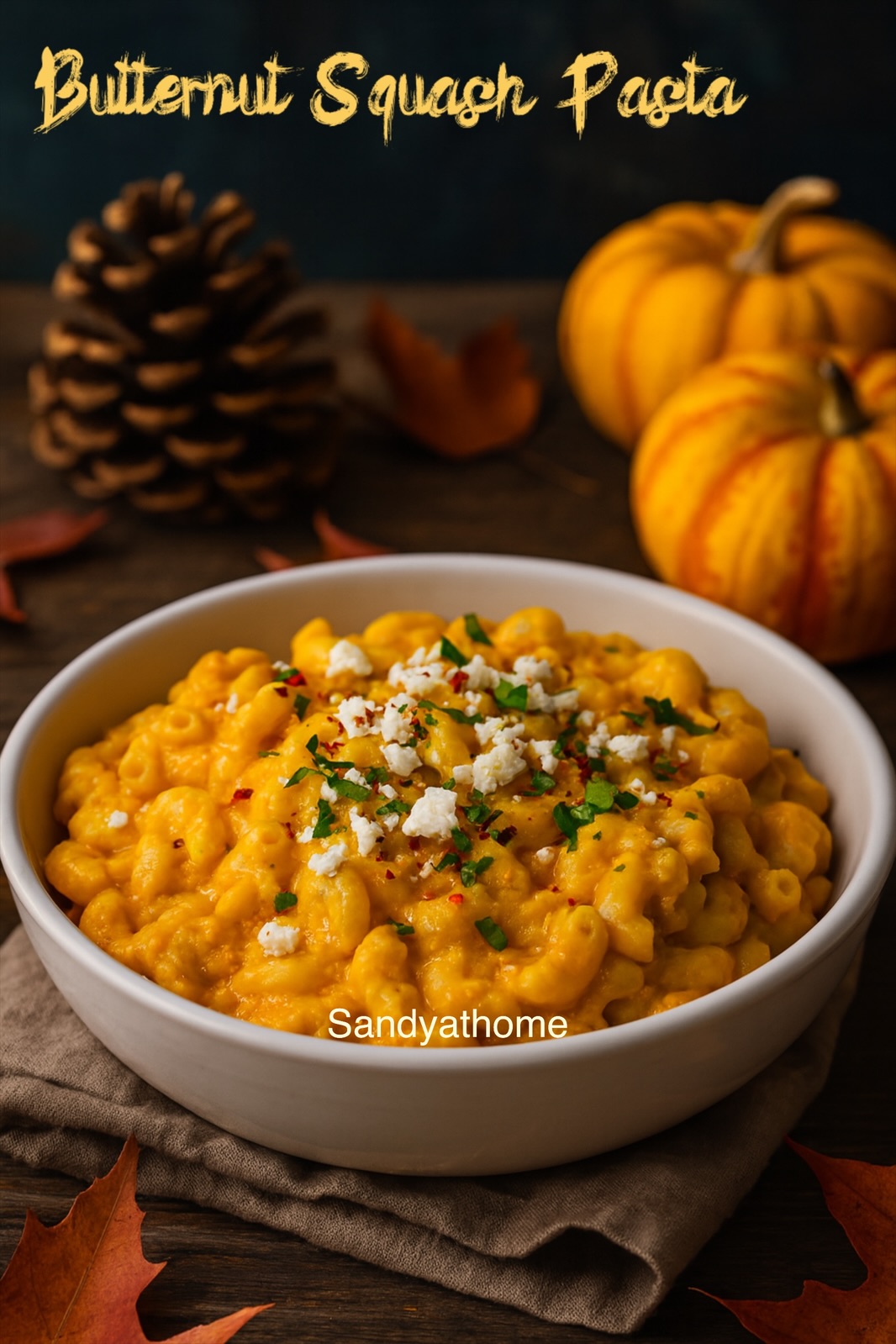 Overhead view of a rustic bowl filled with butternut squash pasta, garnished with feta and herbs, placed on a wooden surface with linen and cutlery — warm autumn comfort food.