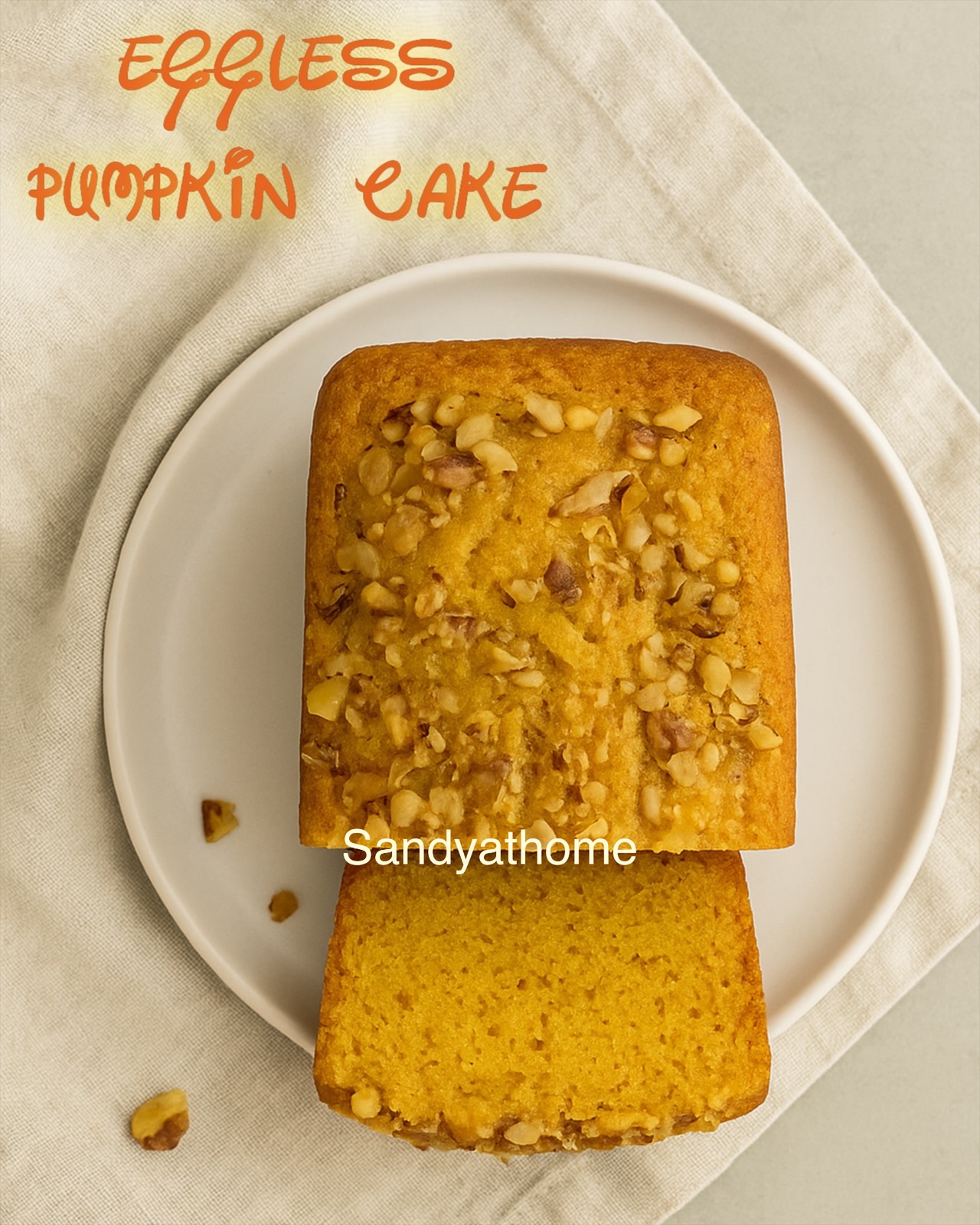Moist eggless pumpkin spice cake made with homemade buttermilk, topped with walnuts and perfect for fall baking.