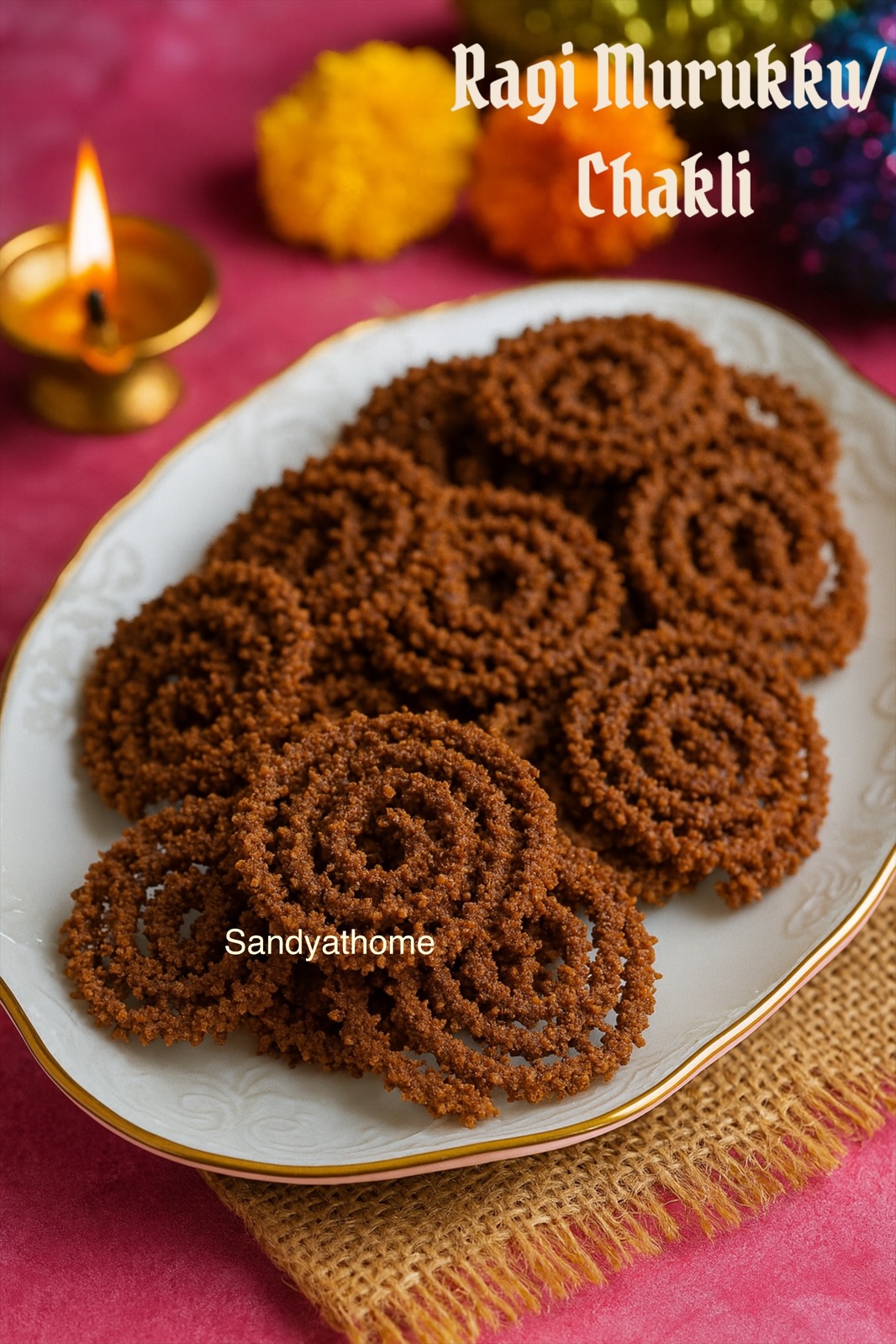 Close-up of crispy homemade ragi chakli (finger millet murukku) stacked on a white plate — traditional South Indian Diwali snack made without rice flour.