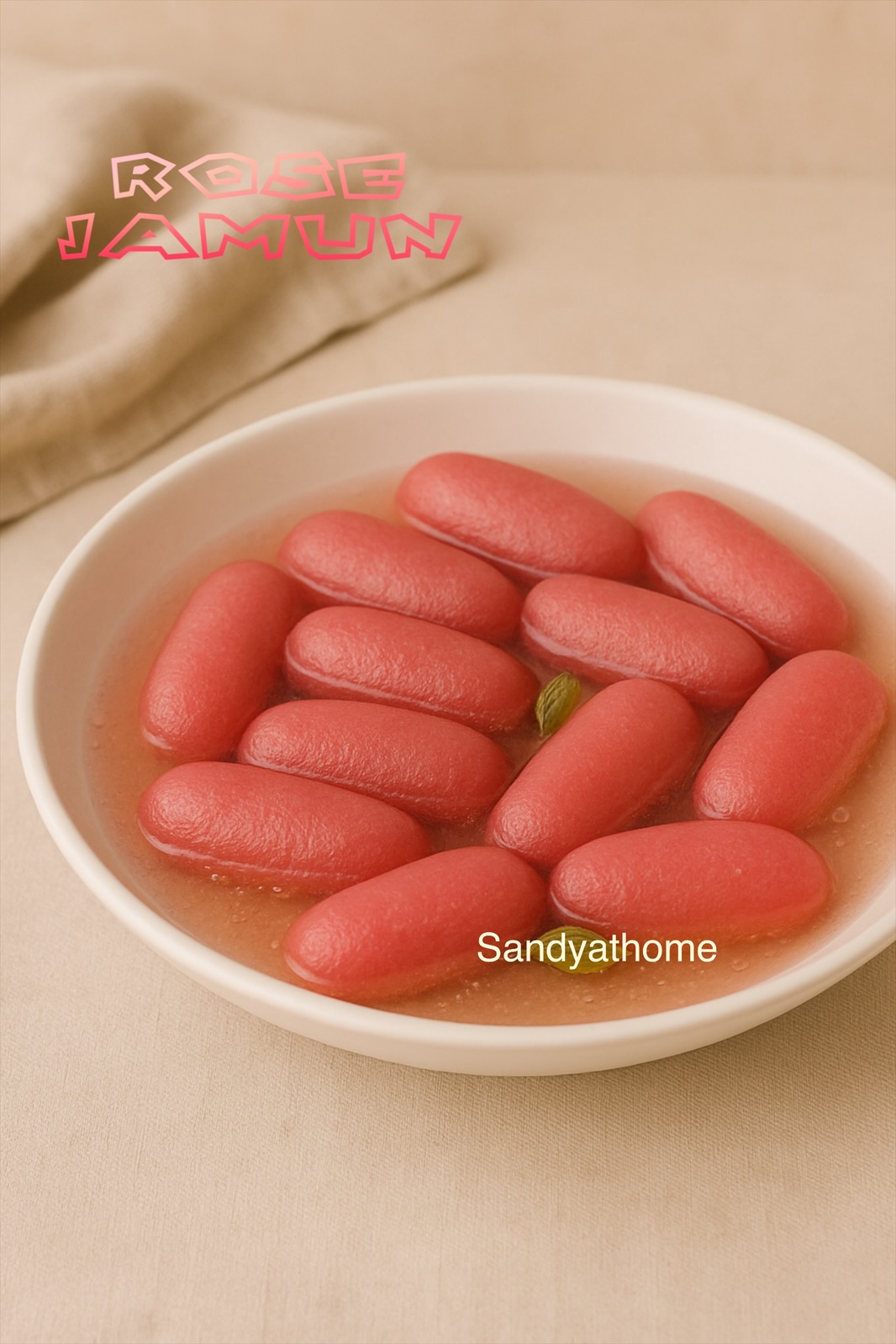 Close-up of rose-flavored rasgullas in sugar syrup, light and spongy paneer jamuns perfect for festive Indian sweets.