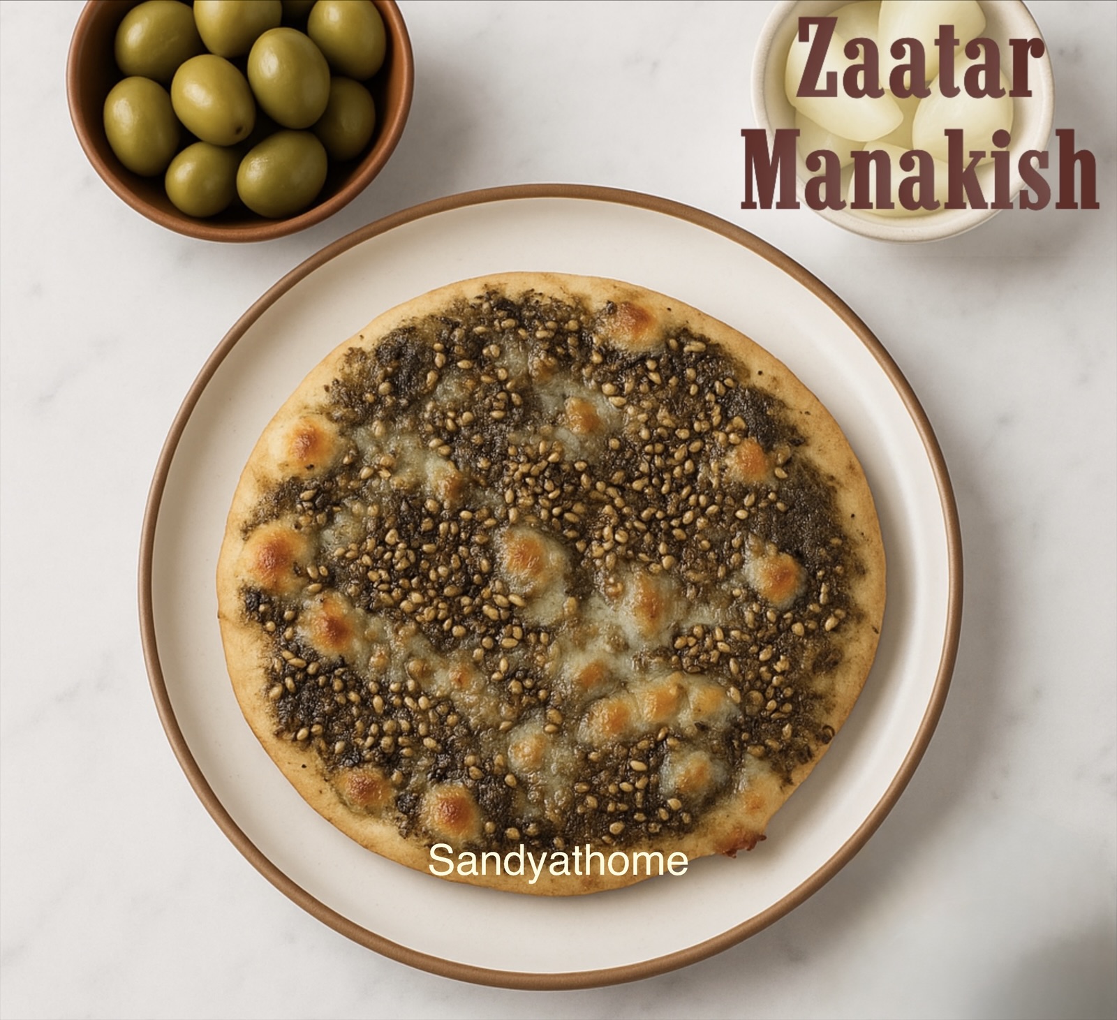 Homemade zaatar manakish with a twist of cheese on top, golden brown and aromatic, served as a classic Lebanese street food flatbread.