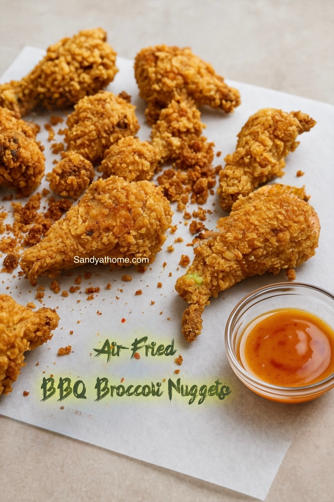 Crispy air-fried BBQ broccoli nuggets served with BBQ dipping sauce on a plate.