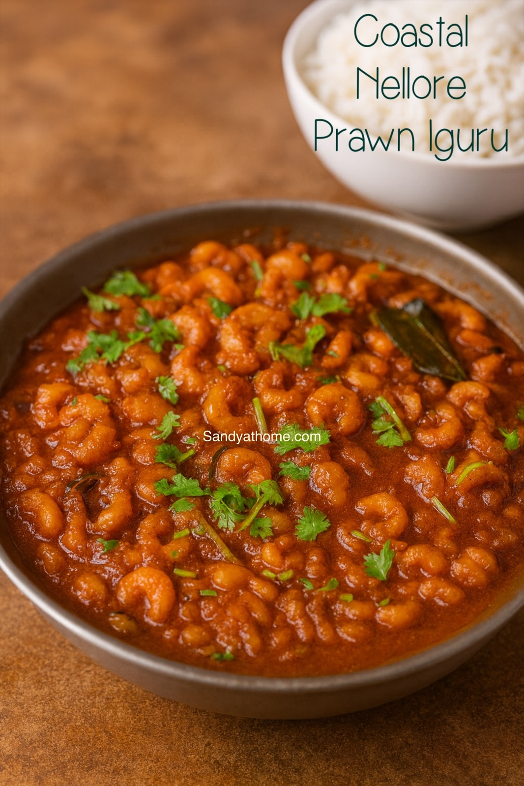 Coastal Nellore-style prawn iguru made without tomatoes, cooked with small prawns, coconut, and coconut milk.