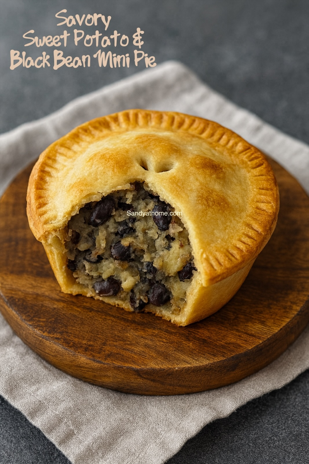 Mini pie crusts filled with savory sweet potato and black bean mixture ready to be covered and baked.