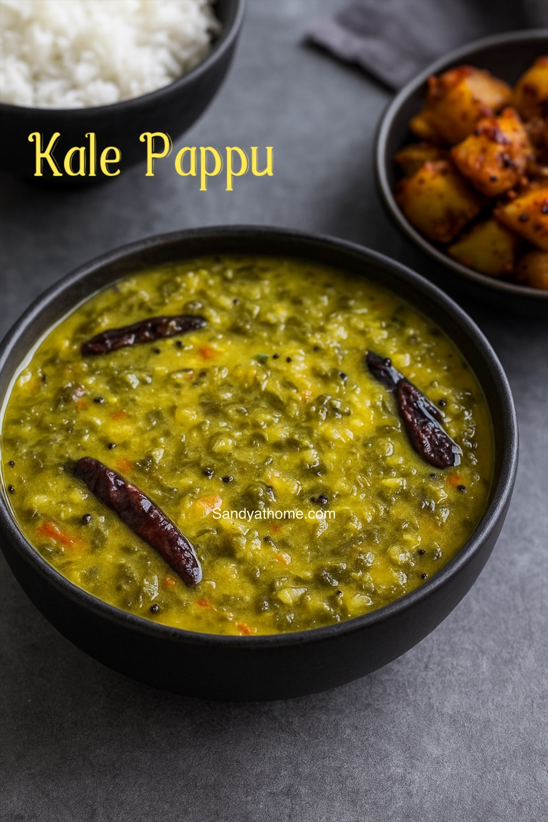 Andhra-style Kale Pappu served with steamed rice and a drizzle of ghee.